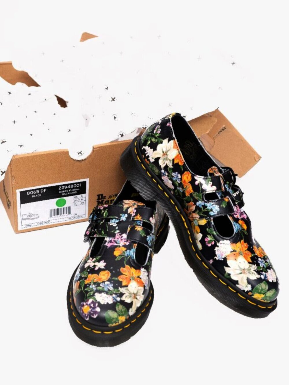 DR MARTENS- "Docs" Black Darcy Floral Backhand EU39 US 8 Mary Janes Circa-90s - Picture 8 of 11
